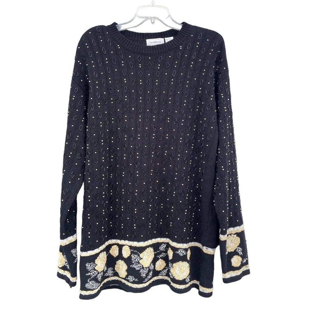 Vintage Jacobsons Black Gold Beaded sweater Women's Large L Jacobson's